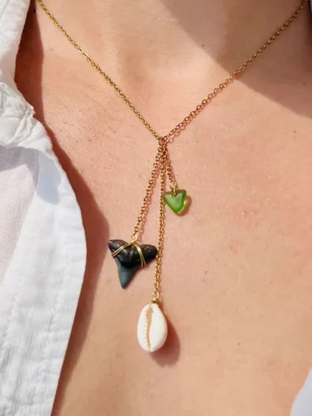 Coco beach glass + cowrie shell shark tooth necklace